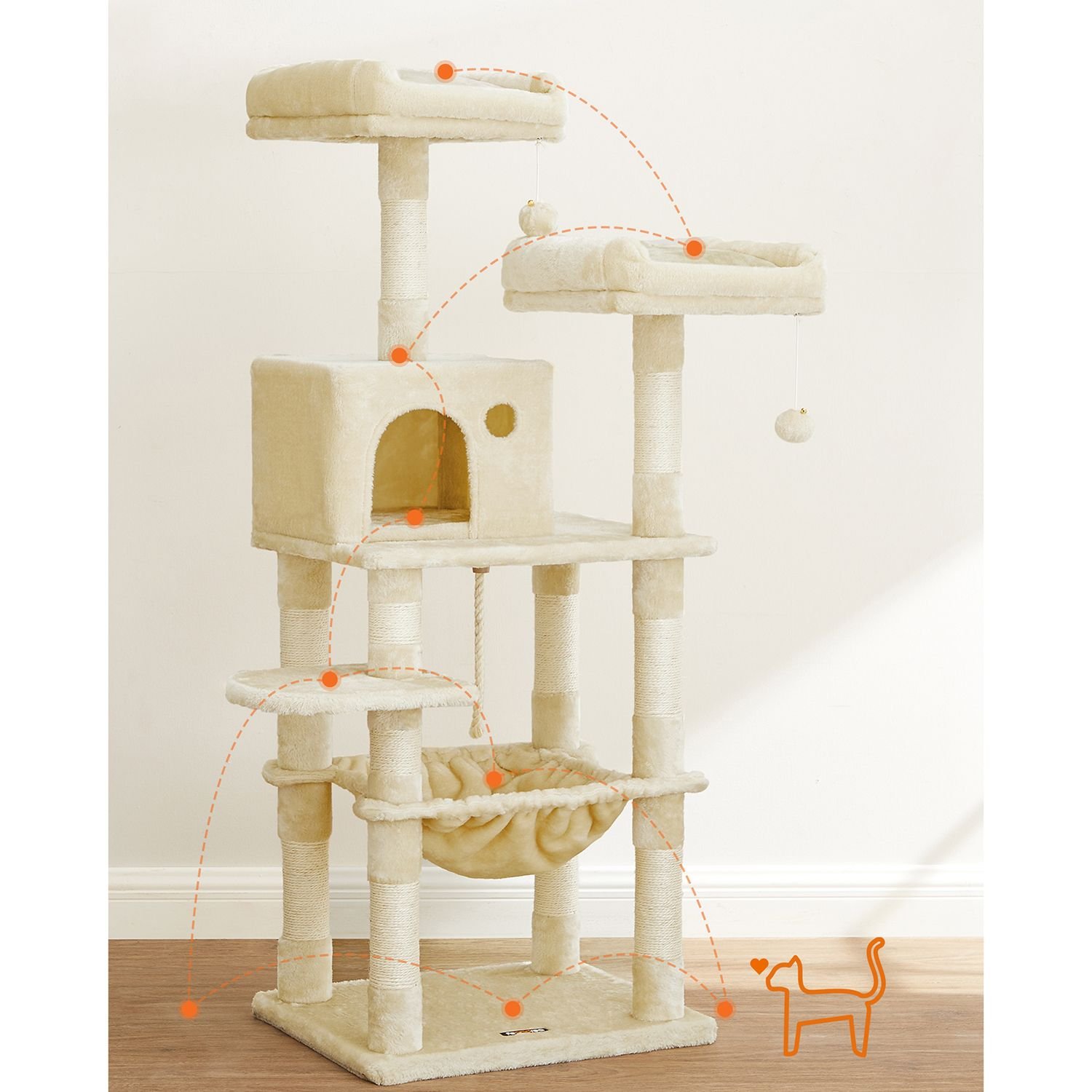 FEANDREA Kissapuu, vakaa kissatorni, 2 pehmoista orrta, 143 cm, beige - Image 2