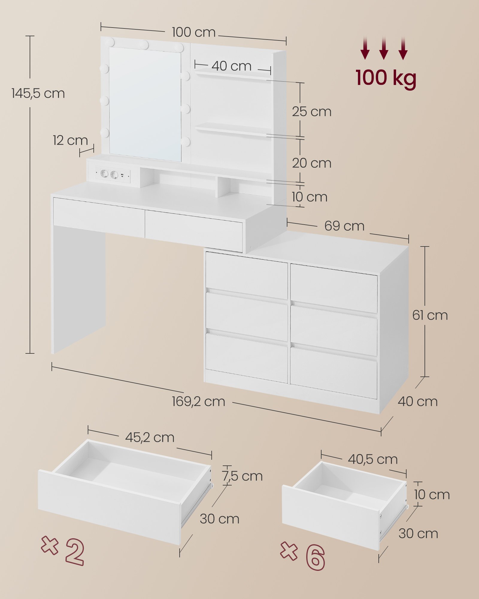 Kailyn Meikkipöytä peilillä ja LED-valaistuksella, Meikkipöytä 9 lamppua, 8 - Image 4