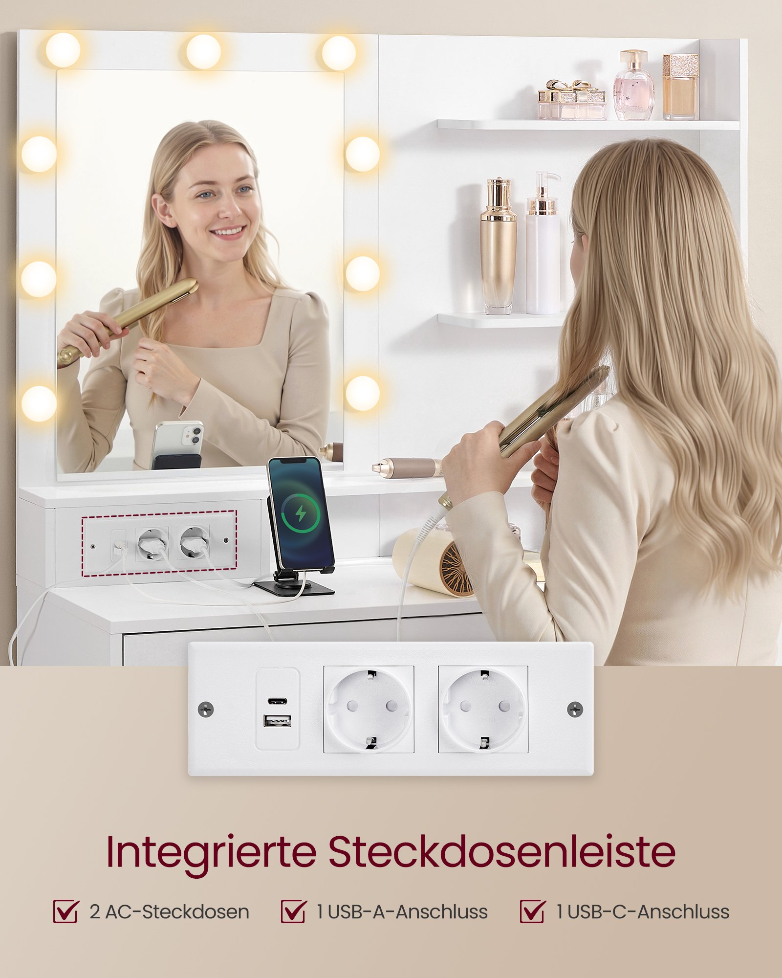 Kailyn Meikkipöytä peilillä ja LED-valaistuksella, Meikkipöytä 9 lamppua, 8 - Image 5